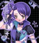  1girl :d black_background black_choker black_gloves breasts chain choker cleavage commentary_request crop_top fingerless_gloves gloves hand_up highres jacket long_hair looking_at_viewer open_clothes open_jacket open_mouth outline pretty_series pripara puffy_short_sleeves puffy_sleeves purple_hair salute short_sleeves side_ponytail smile solo toudou_shion two-finger_salute upper_body wing_hair_ornament yellow_eyes yuni_(ramm_sweet) 