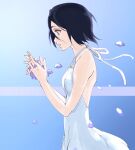  1girl backless_dress backless_outfit black_hair bleach breasts dress hair_between_eyes highres kuchiki_rukia purple_eyes sekihan_(6kihan) short_hair small_breasts snow solo 