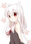  1girl animal_ears blush character_request copyright_request highres long_hair looking_at_viewer muku_(muku-coffee) open_mouth paw_print paw_print_background red_eyes simple_background sleeveless solo tail upper_body white_background white_hair 