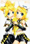  1girl absurdres blonde_hair blue_eyes brother_and_sister flower hair_ornament hair_ribbon headphones headset highres kagamine_len kagamine_rin kei_(keigarou) official_art ribbon sailor_collar scan short_hair siblings twins vocaloid 