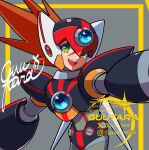  1boy android armor artist_name axl_(mega_man) black_armor brown_hair chest_jewel cowboy_shot cross_scar forehead_jewel green_eyes grey_background guutara highres instagram_logo instagram_username long_hair looking_at_viewer male_focus mega_man_(series) mega_man_x_(series) outstretched_arms red_helmet scar scar_on_face shoulder_armor signature simple_background solo spiked_hair twitter_logo twitter_username watermark 