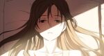  1girl bare_shoulders bed_sheet brown_eyes brown_hair decoponmagi final_fantasy final_fantasy_vii final_fantasy_vii_remake hair_between_eyes half-closed_eyes highres injury long_hair lying on_back parted_lips pillow scar scar_on_chest solo straight_hair tears tifa_lockhart upper_body 