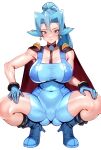  1girl armpit_crease ass_visible_through_thighs blue_bodysuit blue_eyes blue_footwear blue_gloves blue_hair blush bodysuit boots breasts breasts_apart cameltoe cape censored choker clair_(pokemon) cleft_of_venus collarbone covered_navel gloves hair_between_eyes hands_on_own_knees high_heel_boots high_heels highres large_breasts light_smile low_neckline mosaic_censoring pokemon ponytail red_cape shiny_skin simple_background skin_tight solo spread_legs squatting thick_thighs thighs volyz white_background wide_hips 
