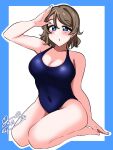  1girl bare_shoulders blue_eyes blush breasts brown_hair cleavage highres kiku_pond legs love_live! love_live!_sunshine!! one-piece_swimsuit salute short_hair simple_background solo swimsuit thighs watanabe_you 