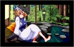  1girl barefoot black_border blonde_hair border building dithering dress forest fox_tail frills hat long_dress mob_cap multiple_tails nature pixel_art pond porch red_eyes rock short_hair sitting smile solo stone_lantern surcoat tail touhou transparent_border tree unk_kyouso water white_dress yakumo_ran 