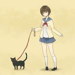  brown_hair cat catgirl0926 leash original school_uniform serafuku short_hair skirt 