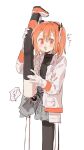  1girl a.i._voice adachi_rei android black_shirt cable culottes gloves grey_shorts hair_ribbon highres holding_own_leg jacket leg_up long_sleeves looking_at_viewer medium_hair one_side_up open_clothes open_jacket open_mouth orange_eyes orange_hair ribbon sekishoku_flask shirt shorts simple_background smile solo split standing standing_on_one_leg standing_split utau white_background white_gloves white_jacket white_ribbon 