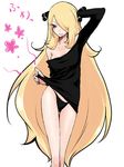  adapted_costume bare_legs bare_shoulders black blonde_hair brown_eyes chorimokki hair_ornament hair_over_one_eye long_hair panties pokemon shirona_(pokemon) solo underwear very_long_hair 