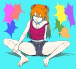  barefoot bigoru blue_eyes feet hair_ornament highres midriff navel neon_genesis_evangelion off_shoulder open_mouth orange_hair shorts sitting souryuu_asuka_langley spread_legs strap_slip striped tank_top toes twintails 