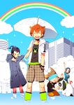  3boys casual cloud day dog inazuma_eleven_(series) inazuma_eleven_go kusa_chuu matsukaze_tenma multiple_boys nishizono_shinsuke rainbow raincoat sasuke_(inazuma_eleven) short_hair smile sorano_aoi tsurugi_kyousuke umbrella water 