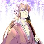  flower himura_kenshin japanese_clothes katana long_hair male_focus ponytail purple_eyes red_hair rurouni_kenshin scar sword uya weapon wisteria 