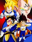  absurdres age_difference aqua_eyes armor artist_name black_hair blonde_hair boots cape clenched_hands clenched_teeth dragon_ball dragon_ball_z gloves grin highres majin_vegeta male_focus monkey_tail multiple_boys multiple_persona muscle scouter smile solidsayan spiked_hair super_saiyan tail teeth vegeta younger 