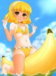  banana_boat bikini blonde_hair double_v flat_chest frilled_bikini frills hairband katsuragi_niya kise_yayoi navel precure riding short_hair smile_precure! solo swimsuit tan tanline v white_hairband yellow_bikini yellow_eyes 