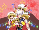  1girl ahoge ascot blonde_hair blush choker clone crystal flandre_scarlet four_of_a_kind_(touhou) glasses hat hetero morichika_rinnosuke open_mouth red_eyes shishamoji short_hair side_ponytail silver_hair smile spell_card star touhou wings yellow_eyes 