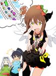  animal_costume black_hair bracelet brown_hair collar eating frog_costume ganaha_hibiki hagiwara_yukiho hairband highres idolmaster idolmaster_(classic) jewelry long_hair microphone multiple_girls ponytail shijou_takane short_hair shotarou silver_hair spiked_bracelet spikes wings 