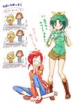  =_= absurdres anger_vein apron blonde_hair boots bow bowtie brown_hair casual chibi fan green_eyes green_hair green_shirt grin hairband harisen head_bump highres hino_akane_(smile_precure!) kise_chiharu kise_yayoi math midorikawa_nao mokkeso_(mopurosu) mother_and_daughter multiple_girls no_nose orange_shirt pants ponytail precure red_hair shirt shorts smile smile_precure! tears translation_request 