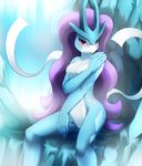  blush breasts darkmirage female legendary_pok&#233;mon looking_at_viewer nintendo nude open_mouth pok&#233;mon pok&eacute;mon private red_eyes solo standing suicune video_games water 
