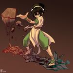  ankle_cuffs avatar:_the_last_airbender avatar_(series) bad_id bad_pixiv_id barefoot black_hair chinese_clothes element_bending grey_eyes hair_bun highres jewelry mugcan rock short_hair solo toph_bei_fong 