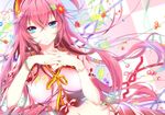  :o aqua_eyes blue_eyes bracelet breasts fingernails fingers_together flower front-tie_top hair_flower hair_ornament hairband jewelry leaf long_hair manyako_(mohumohu) medium_breasts megurine_luka midriff nail_polish navel open_mouth pink_hair ribbon shirt solo tied_shirt upper_body very_long_hair vocaloid 