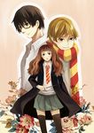  2boys black_eyes black_hair black_legwear blue_eyes brown_eyes brown_hair flower glasses harry_james_potter harry_potter hermione_granger lianzirong long_hair multiple_boys necktie robe ron_weasley short_hair skirt thighhighs wand zettai_ryouiki 