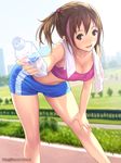  banned_artist bottle breasts brown_eyes brown_hair cleavage giving gym_shorts hand_on_own_knee ilog leaning_forward mana_kakkowarai medium_breasts midriff multicolored_hair navel official_art open_mouth pink_hair shiny shiny_skin short_hair shorts side_ponytail smile solo sports_bra sweat towel track_and_field watermark web_address yokoi_sakura 