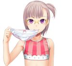 bow bow_panties flat_chest glasses holding holding_panties lavender_hair mouth_hold original panties panties_in_mouth panties_removed purple_eyes short_hair side_ponytail simple_background sody solo underwear white_background white_panties 