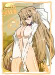  aoi_kimi between_breasts breasts brown_eyes brown_hair cleavage covering frame hair_ribbon highres kyoukaisenjou_no_horizon large_breasts light_smile long_hair looking_at_viewer musical_note navel ribbon see-through shirt_tug solo standing test_tube virtualcity-ex 