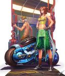  1girl brown_hair cable cigarette garage glasses gloves ground_vehicle hands_on_hips motor_vehicle motorcycle navel nudtawut_thongmai original shirtless shoes signature smoking socks suspenders tank_top tattoo thumbs_up white_hair 