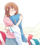  amami_haruka blue_hair brown_hair casual closed_eyes couple hair_ribbon hug idolmaster idolmaster_(classic) kisaragi_chihaya long_hair multiple_girls pillow ribbon shirt short_hair skirt smile sou_(tuhut) t-shirt yuri 