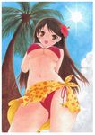  bikini blush breasts brown_eyes brown_hair character_request cleavage colored_pencil_(medium) cowboy_shot dengeki_moeou flower frame from_below hair_flower hair_ornament hibiscus highres kirikirimai_(kkm) large_breasts long_hair looking_at_viewer marker_(medium) millipen_(medium) navel open_mouth palm_tree print_sarong red_bikini sarong side-tie_bikini solo standing sun swimsuit thighs traditional_media tree underboob yellow_sarong 