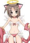  animal_ears bare_shoulders blush bra bracelet brown_eyes brown_hair cat_ears choker fake_halo halo highres jewelry long_hair morino_donguri navel no_nose open_mouth outstretched_arms panties ragnarok_online ribbon strapless strapless_bra underwear underwear_only wanderer wings 