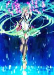  anklet bad_id bad_pixiv_id barefoot bridal_gauntlets center_opening closed_eyes feet floating_hair green_hair hands_on_own_chest hatsune_miku hatsune_miku_(append) highres jewelry long_hair navel necktie open_mouth rectangle reflection sha solo thighhighs twintails very_long_hair vocaloid vocaloid_append 