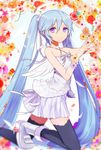  bad_id bad_pixiv_id banned_artist blue_hair boots feathers flower halo harano hatsune_miku kneeling long_hair purple_eyes skirt solo thighhighs twintails very_long_hair vocaloid wings 