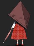  black_background closed_umbrella cosplay full_body helmet kazami_yuuka onikobe_rin pyramid_head pyramid_head_(cosplay) shirt silent_hill simple_background skirt skirt_set solo touhou umbrella vest 
