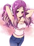  akb0048 armpits breasts cleavage kishida_mimori medium_breasts navel purple_eyes purple_hair solo totoka 