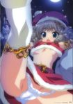  absurdres armor belt blue_eyes breasts brown_hair christmas drill_hair gotou_junji hat highres jewelry leg_up medium_breasts moon panties panty_pull queen's_blade santa_costume santa_hat solo thighhighs underboob underwear wardrobe_malfunction white_panties ymir_(queen's_blade) 