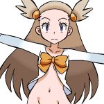  1girl aliasing alternate_eye_color arms_up bottomless bow brown_hair closed_mouth collarbone creatures_(company) expressionless female flat_chest forehead game_freak gomatarou_(pixiv196136) groin gym_leader hair_bobbles hair_ornament long_hair long_sleeves looking_at_viewer mikan_(pokemon) navel nintendo no_bra orange_bow out-of-frame_censoring outstretched_arms pokemon pokemon_(game) pokemon_hgss purple_eyes shirt simple_background solo spread_arms standing tied_hair white_background white_shirt 