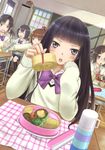  bangs black_hair blunt_bangs chin_rest chopsticks classroom dutch_angle feeding food highres long_hair looking_at_viewer multiple_girls obentou omelet open_mouth original pov_feeding school_uniform sitting solo_focus sweater taka_(tsmix) thermos 