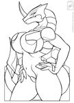  absurd_res angela-45 big_breasts big_thighs black_and_white blush breasts claws clothed clothing cyborg dragon female gynoid hand_on_hip hi_res horn line_art looking_at_viewer machine mechanical monochrome navel skimpy smile solo standing thick_tail thick_thighs unconvincing_armor voluptuous walter_sache 