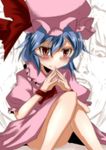  bare_legs blue_hair blush hat izayoi_sakuya red_eyes remilia_scarlet short_hair skirt smile solo takorice touhou wristband 