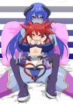  astaroth_(shinrabanshou) black_sclera blue_hair blue_skin blush breasts collar colorized crossover demon_girl demon_tail disgaea earrings elbow_gloves etna flat_chest gloves heart heart_earrings heart_tail horns huge_breasts jewelry legs long_hair multiple_girls nabe0721 naughty_face navel open_mouth panties pantyshot pillow pointy_ears red_eyes red_hair shinrabanshou skirt smile spread_legs succubus tail thighhighs thighs tongue tongue_out underwear wings yellow_eyes yuri 