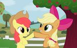  apple apple_bloom_(mlp) apple_tree applebloom_(mlp) applejack_(mlp) blonde_hair bow brohoof bush couple cowboy_hat cub diegotan equine female fence feral friendship_is_magic fruit green_eyes grin hair hat hi_res horse mammal my_little_pony orange_body orange_eyes pony red_hair sibling siblings sisters tree wallpaper wood yellow_body young 