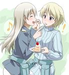  2girls blonde_hair blue_eyes blush brave_witches cake closed_eyes eila_ilmatar_juutilainen food holding_hands long_hair multiple_girls nikka_edvardine_katajainen note open_mouth pantyhose plate silver_hair smile spoon spoon_in_mouth strike_witches turtleneck white_legwear world_witches_series youkan 