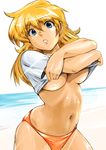  bikini blonde_hair blue_eyes breasts large_breasts long_hair lune_zoldark navel shirt shu-z solo super_robot_wars super_robot_wars_original_generation swimsuit t-shirt underboob undressing 