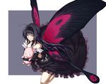  1girl accel_world antenna_hair arita_haruyuki bad_id bad_pixiv_id black_dress black_gloves black_hair butterfly_wings carrying dress elbow_gloves gloves hairband highres kuroyukihime long_hair pig red_eyes smile tsuuhan wings 