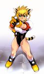  animal_ears bare_legs blonde_hair eyebrows ez6 fang gloves green_eyes hand_on_hip highres leotard muscle non-web_source original short_hair socks solo tail thick_eyebrows thighs tiger_ears tiger_tail 
