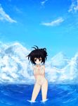  1girl ahoge bare_shoulders bikini black_hair blush breasts cloud mashiroiro_symphony midriff navel ocean onomiya_yutsuki purple_eyes sea short_hair sky swimsuit water 