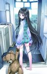  black_hair blue_eyes cover cover_page dr_pepper kami-sama_no_memo-chou kishida_mel long_hair looking_back lowres official_art pajamas shionji_yuuko shorts solo stuffed_animal stuffed_toy teddy_bear thighhighs very_long_hair 