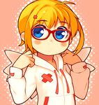  ahoge bachera bangs blonde_hair blue_eyes blush flat_chest glasses hair_ornament hairclip hood hood_down hoodie looking_at_viewer original pakky_(bachera) polka_dot polka_dot_background red-framed_eyewear short_hair solo standing wings 