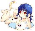  ahoge arm_support bachera bangs barefoot blue_hair bored cushion feet lying nude on_side original red_eyes short_hair simple_background solo striped stuffed_animal stuffed_toy thighs towel white_background 